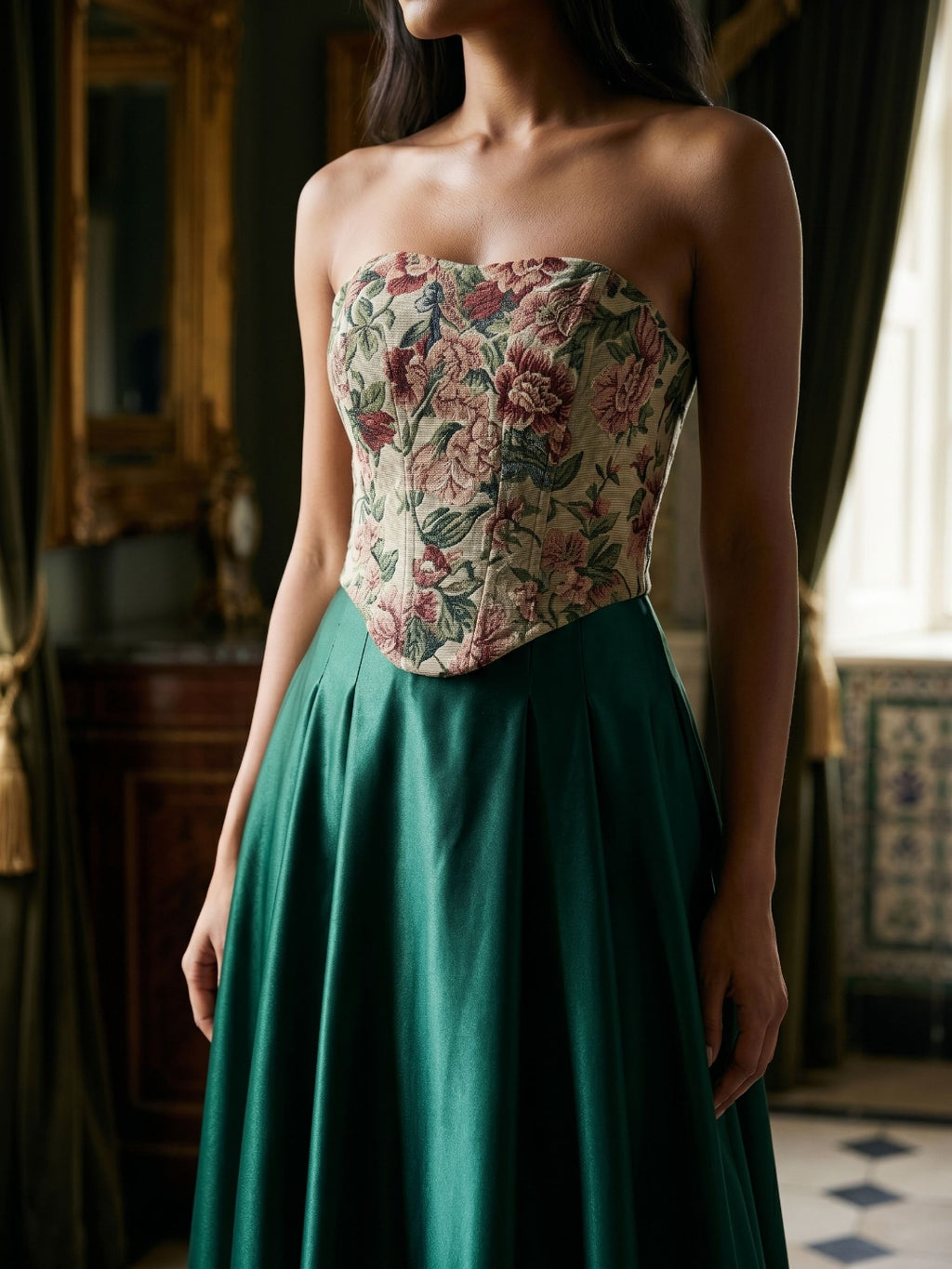 Forest Green Satin A-Line Straight Neck Lace-Up Back Floor-Length Birthday Dress with Pleating