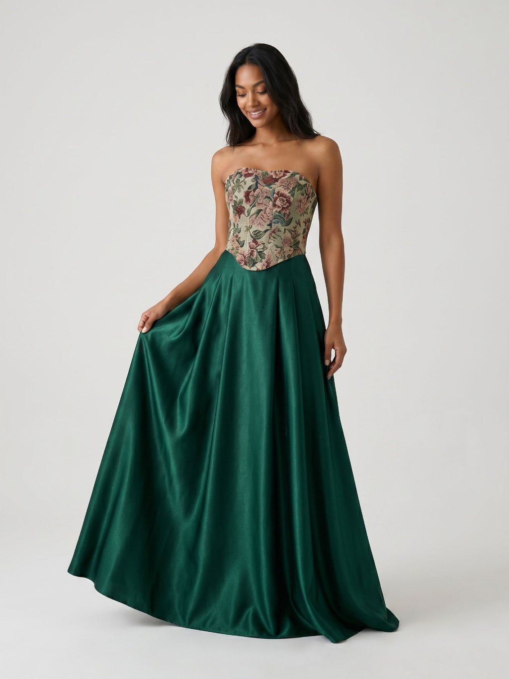 Forest Green Satin A-Line Straight Neck Lace-Up Back Floor-Length Birthday Dress with Pleating