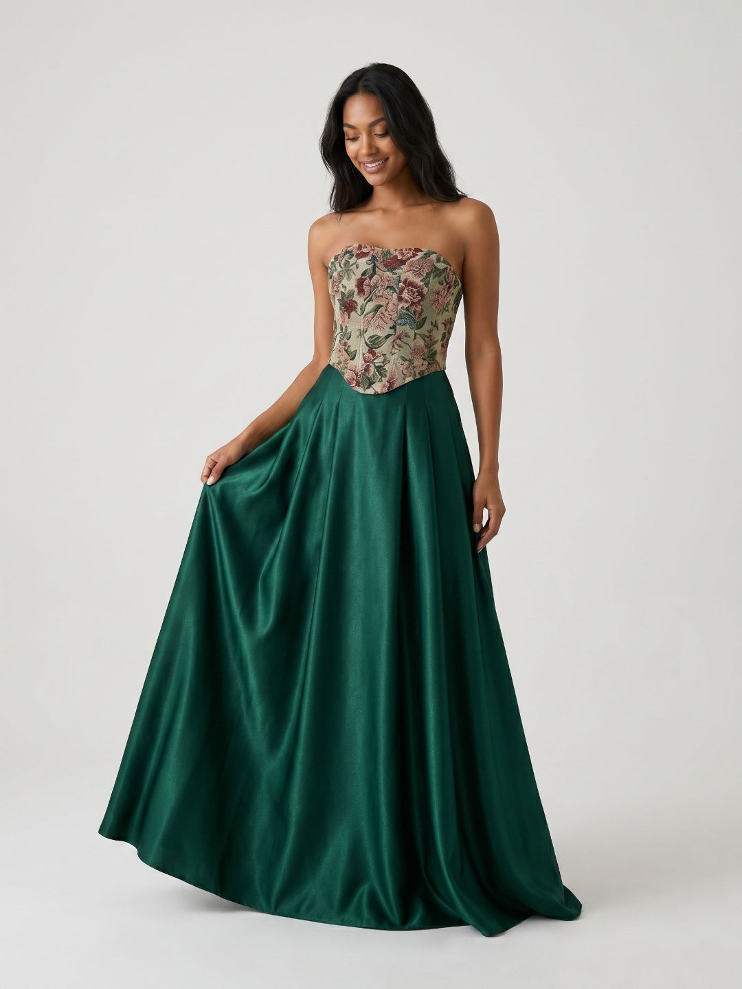 Forest Green Satin A-Line Straight Neck Lace-Up Back Floor-Length Birthday Dress with Pleating