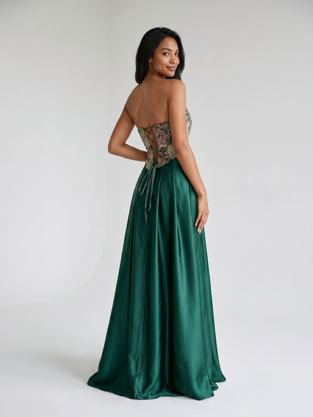Forest Green Satin A-Line Straight Neck Lace-Up Back Floor-Length Birthday Dress with Pleating