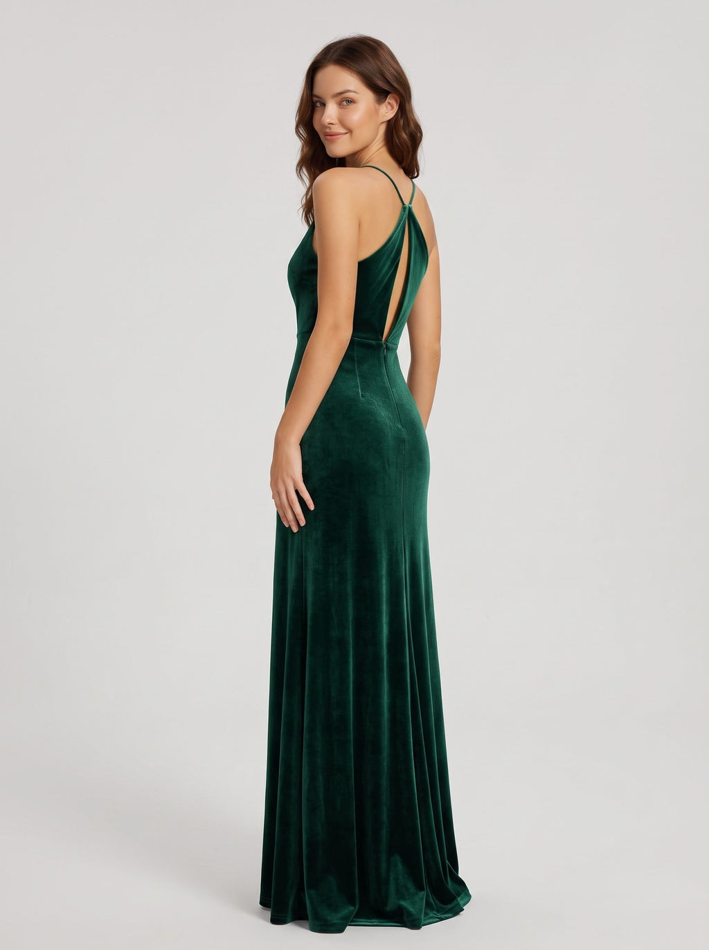 Forest Green Velvet A-Line V-Neck Back Zip Floor-Length Dress