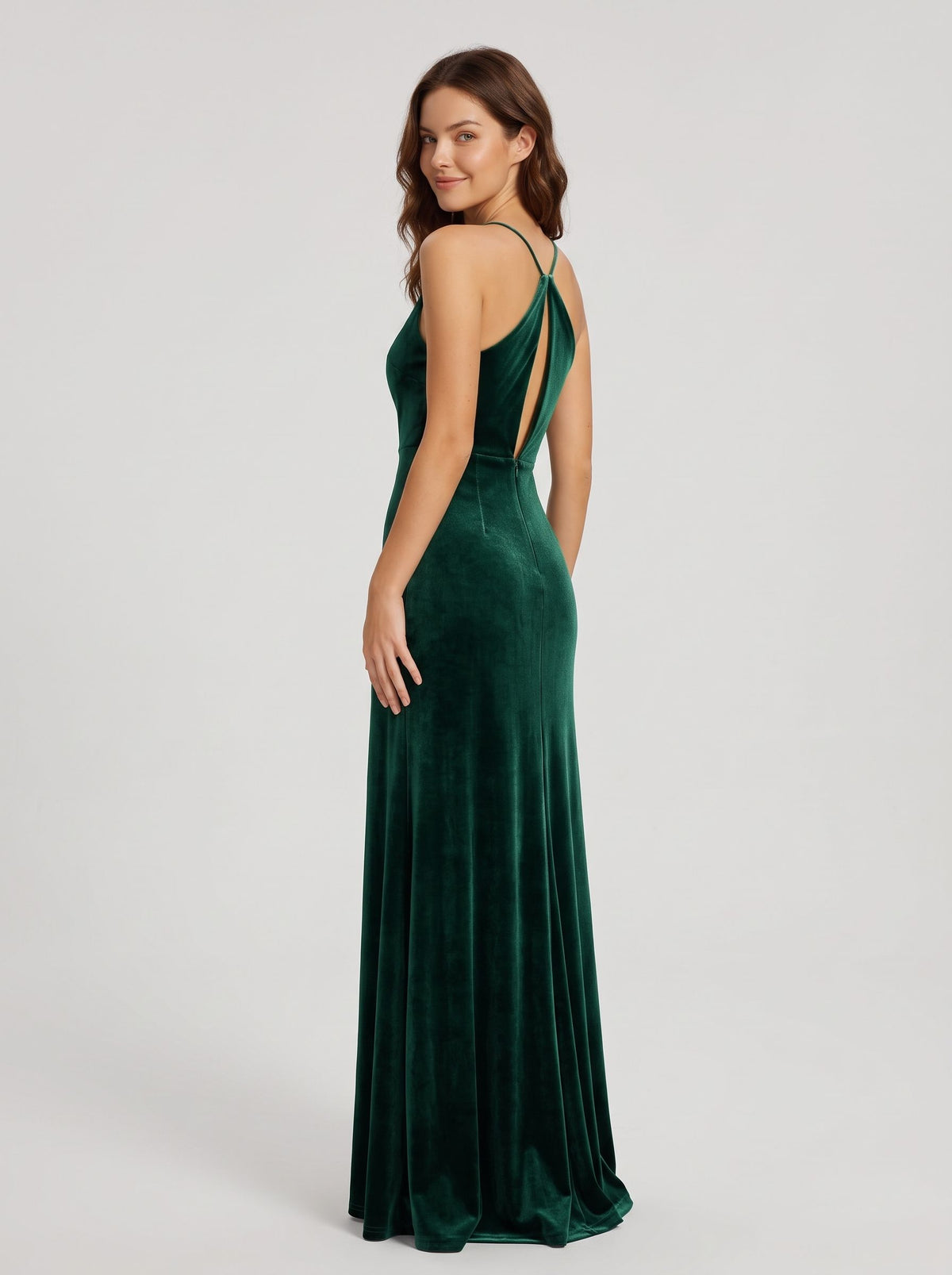 Forest Green Velvet A-Line V-Neck Back Zip Floor-Length Dress