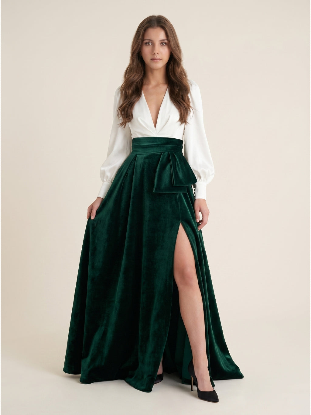 Forest Green Velvet A-Line V-Neck Floor-Length Evening Gown with Pleats
