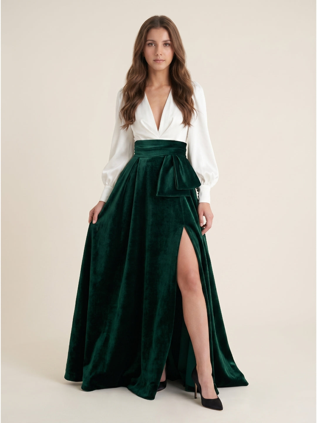 Forest Green Velvet A-Line V-Neck Floor-Length Evening Gown with Pleats