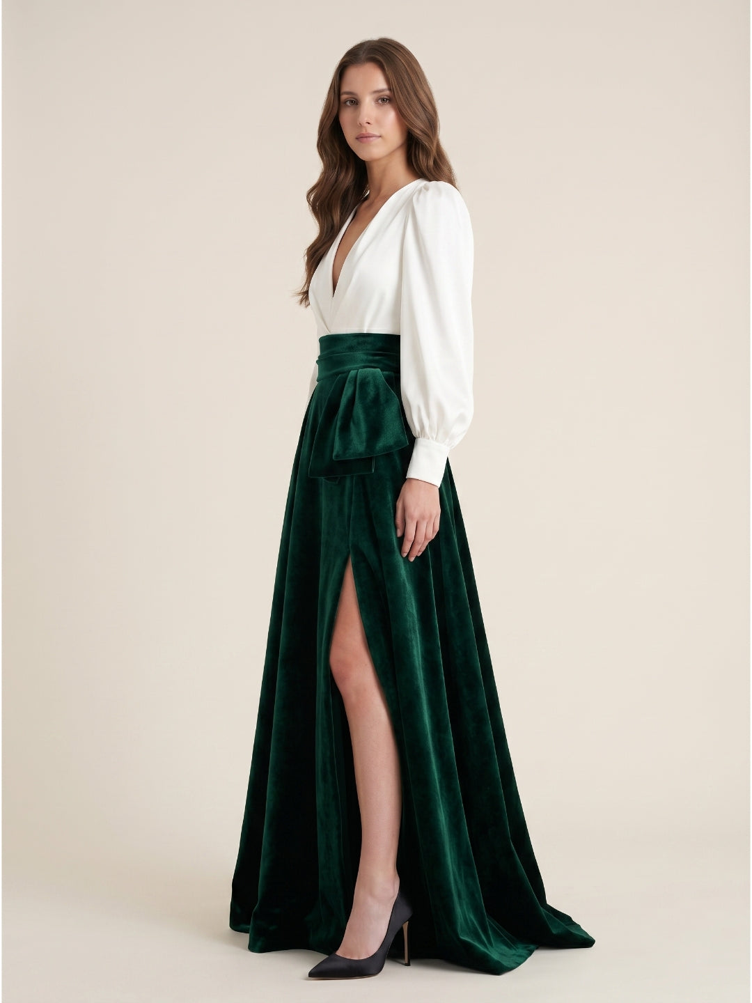 Forest Green Velvet A-Line V-Neck Floor-Length Evening Gown with Pleats