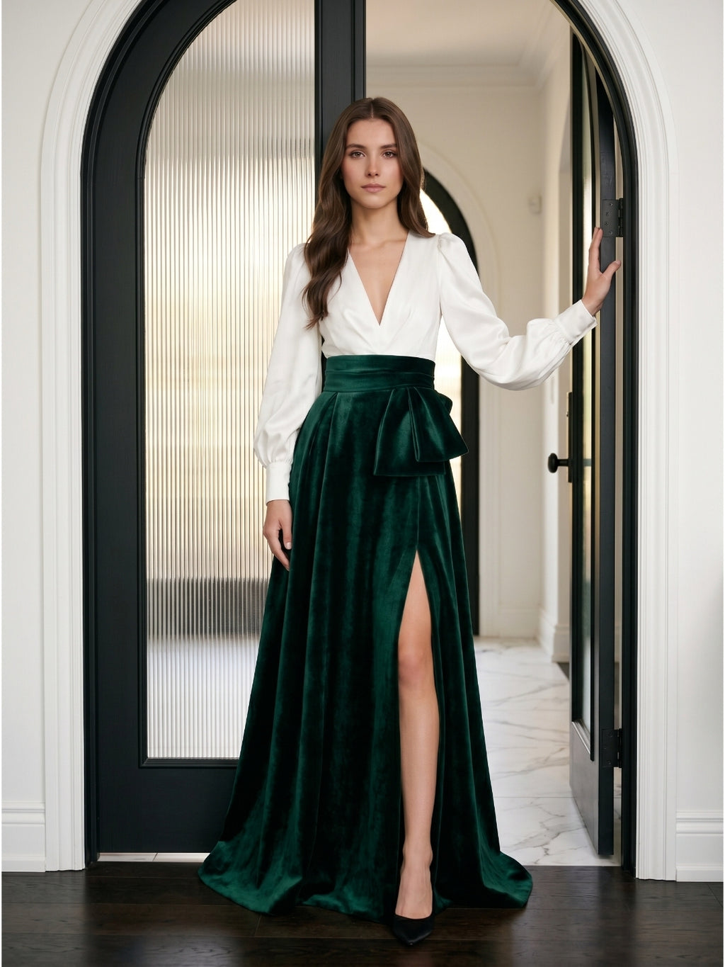 Forest Green Velvet A-Line V-Neck Floor-Length Evening Gown with Pleats