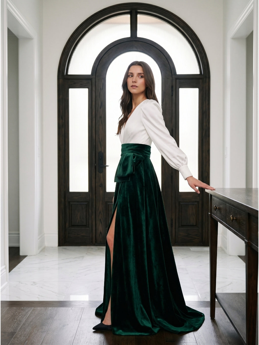 Forest Green Velvet A-Line V-Neck Floor-Length Evening Gown with Pleats