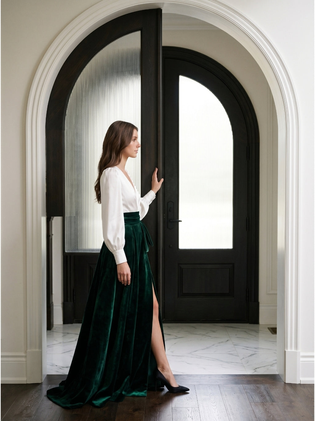 Forest Green Velvet A-Line V-Neck Floor-Length Evening Gown with Pleats