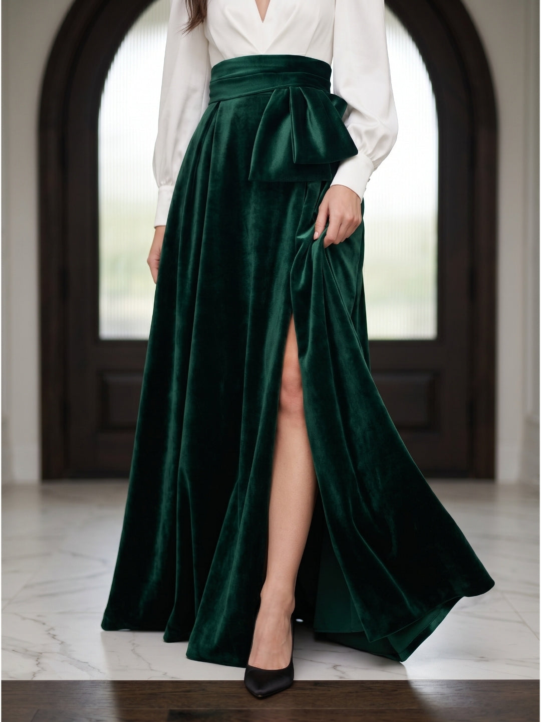 Forest Green Velvet A-Line V-Neck Floor-Length Evening Gown with Pleats