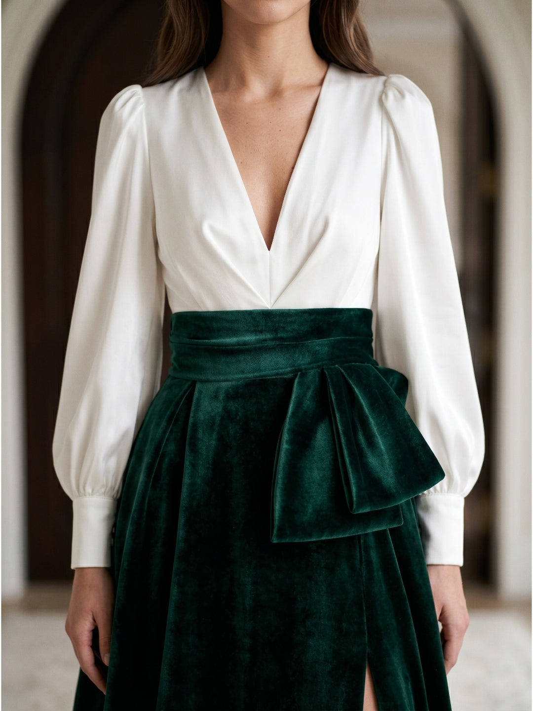 Forest Green Velvet A-Line V-Neck Floor-Length Evening Gown with Pleats