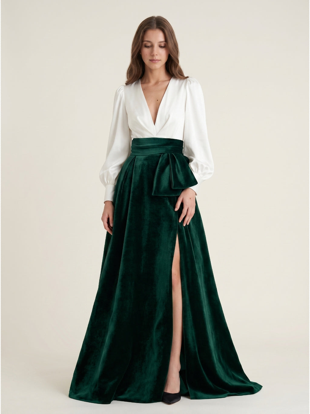 Forest Green Velvet A-Line V-Neck Floor-Length Evening Gown with Pleats