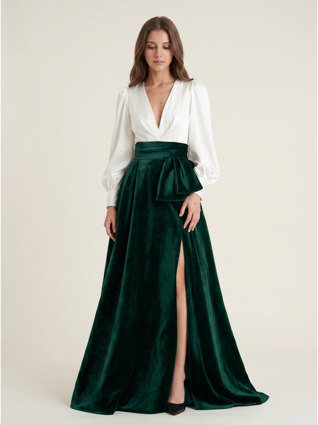 Forest Green Velvet A-Line V-Neck Floor-Length Evening Gown with Pleats