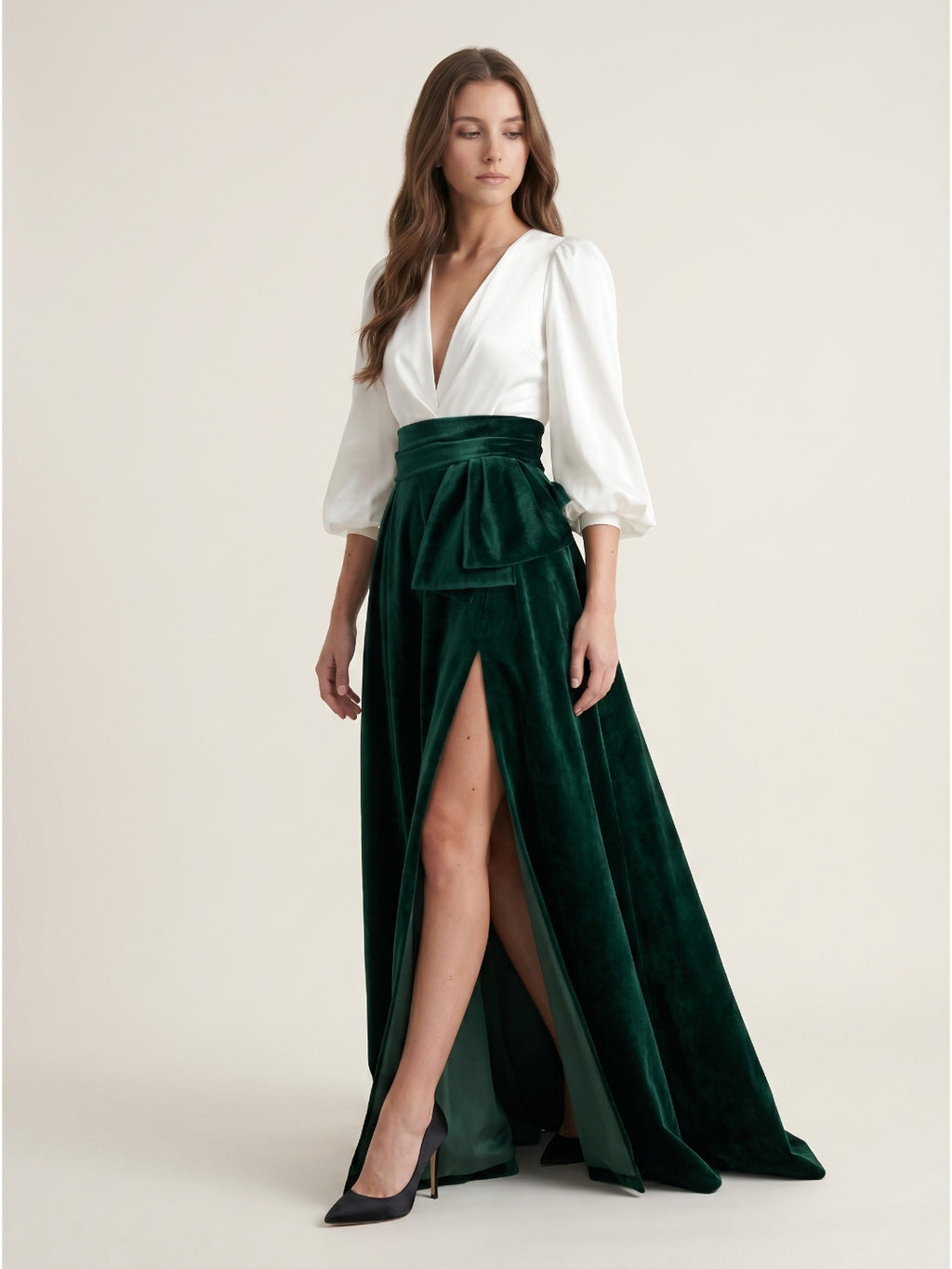 Forest Green Velvet A-Line V-Neck Floor-Length Evening Gown with Pleats