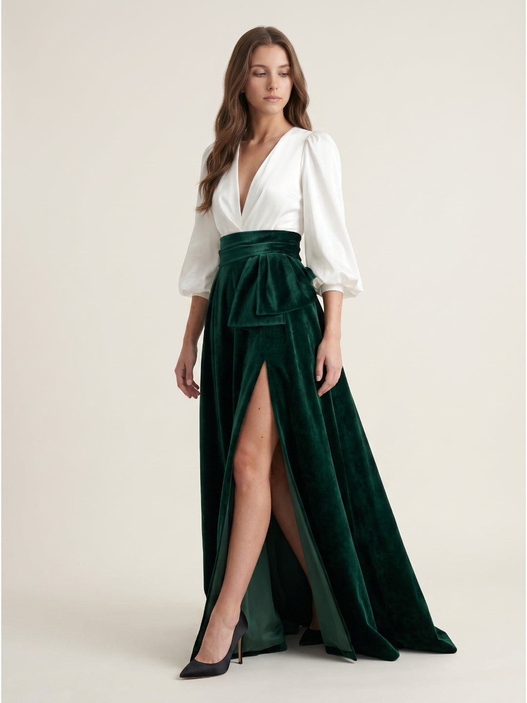 Forest Green Velvet A-Line V-Neck Floor-Length Evening Gown with Pleats
