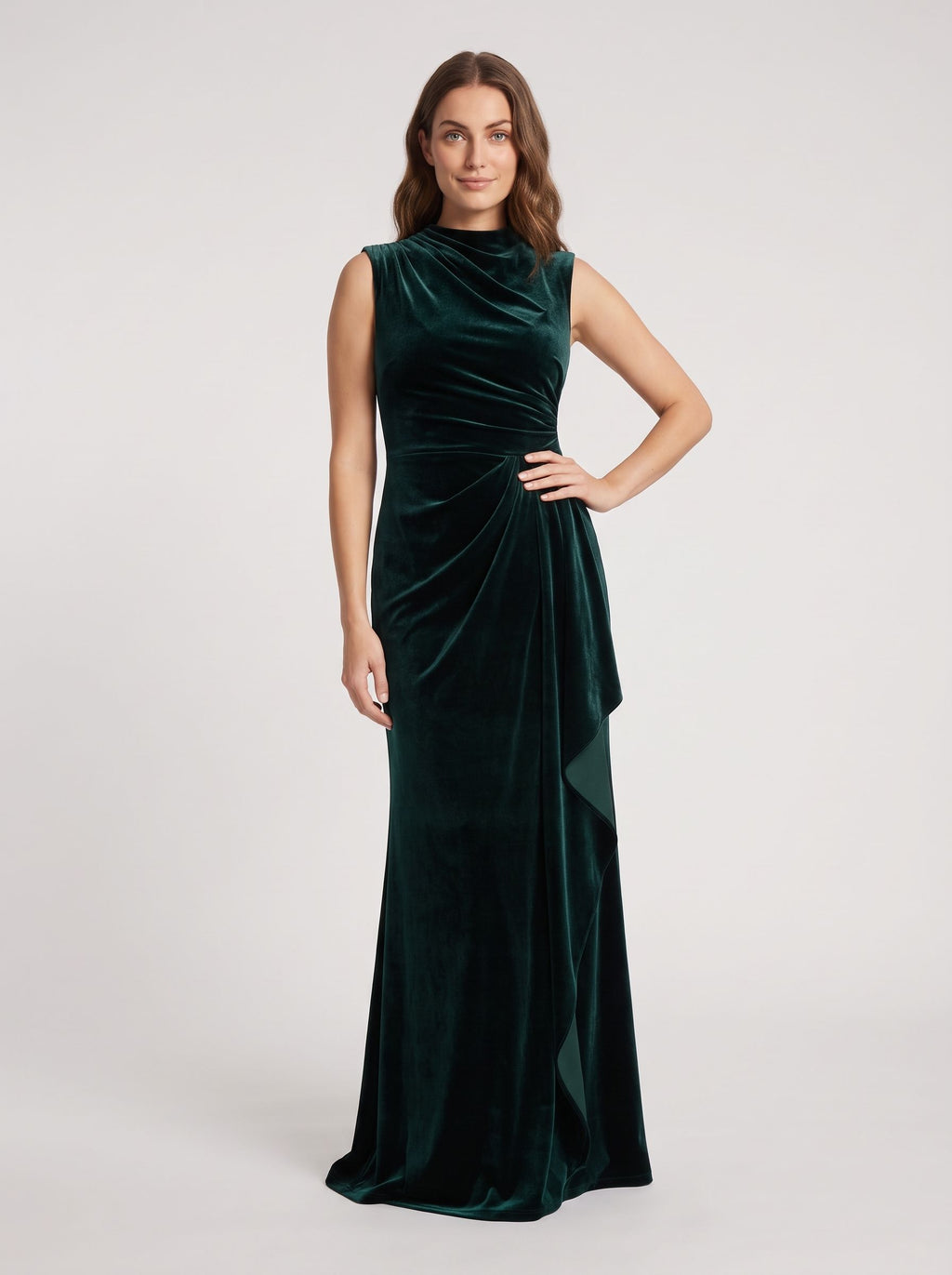 Forest Green Velvet Column Scoop Neck Back Zip Floor-Length Dress
