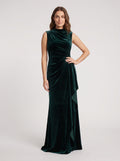 Forest Green Velvet Column Scoop Neck Back Zip Floor-Length Dress