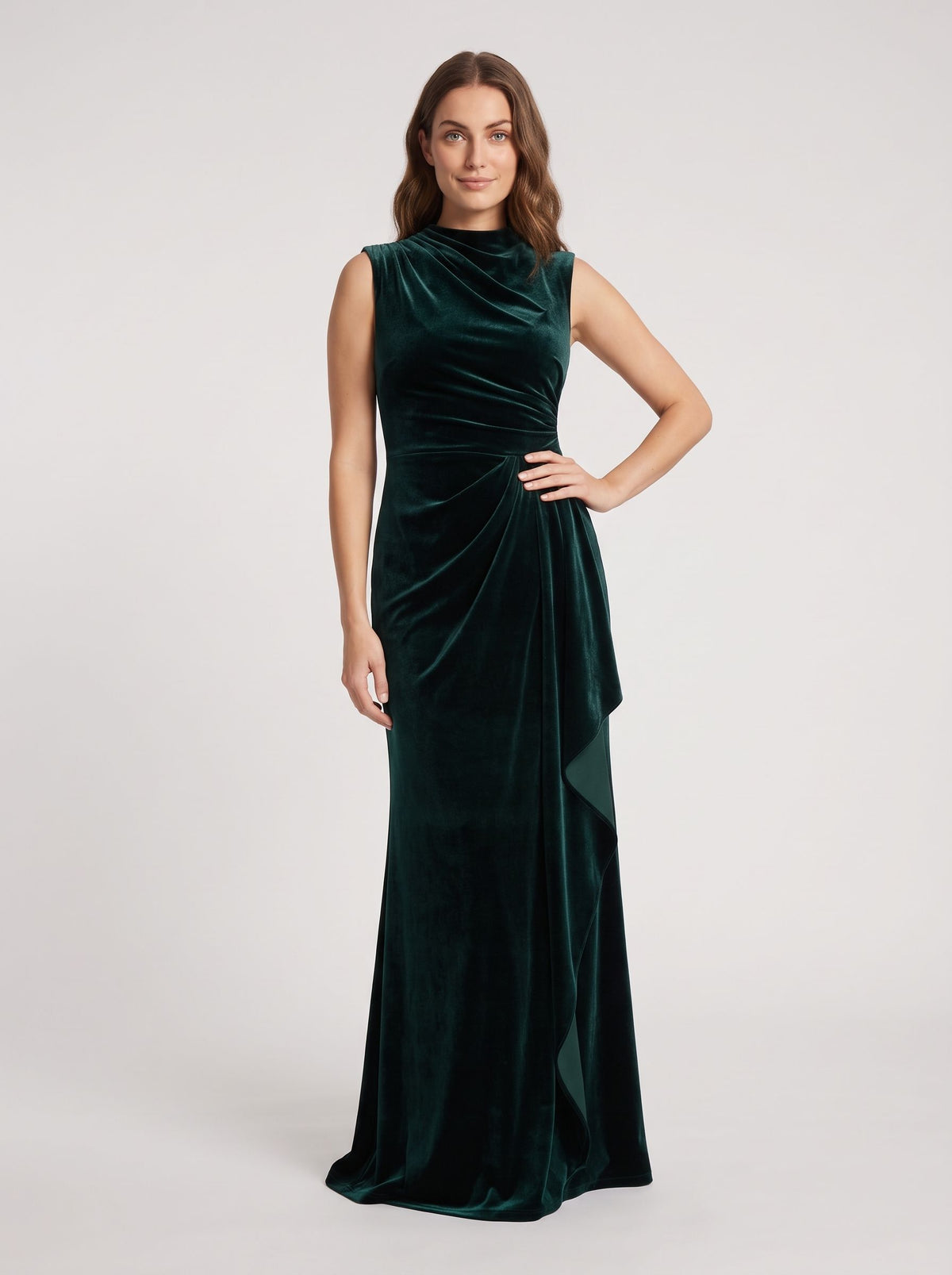 Forest Green Velvet Column Scoop Neck Back Zip Floor-Length Dress