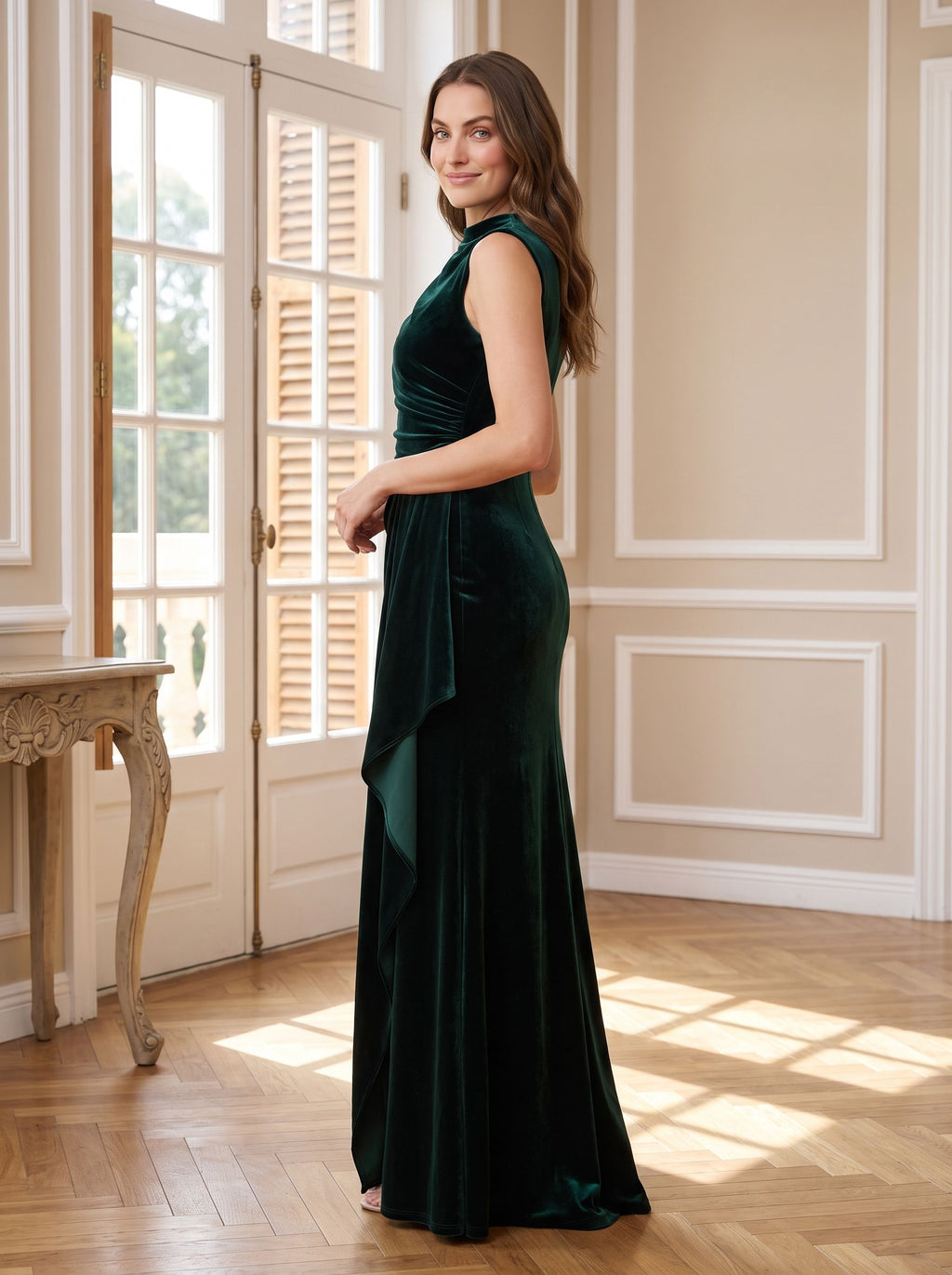 Forest Green Velvet Column Scoop Neck Back Zip Floor-Length Dress