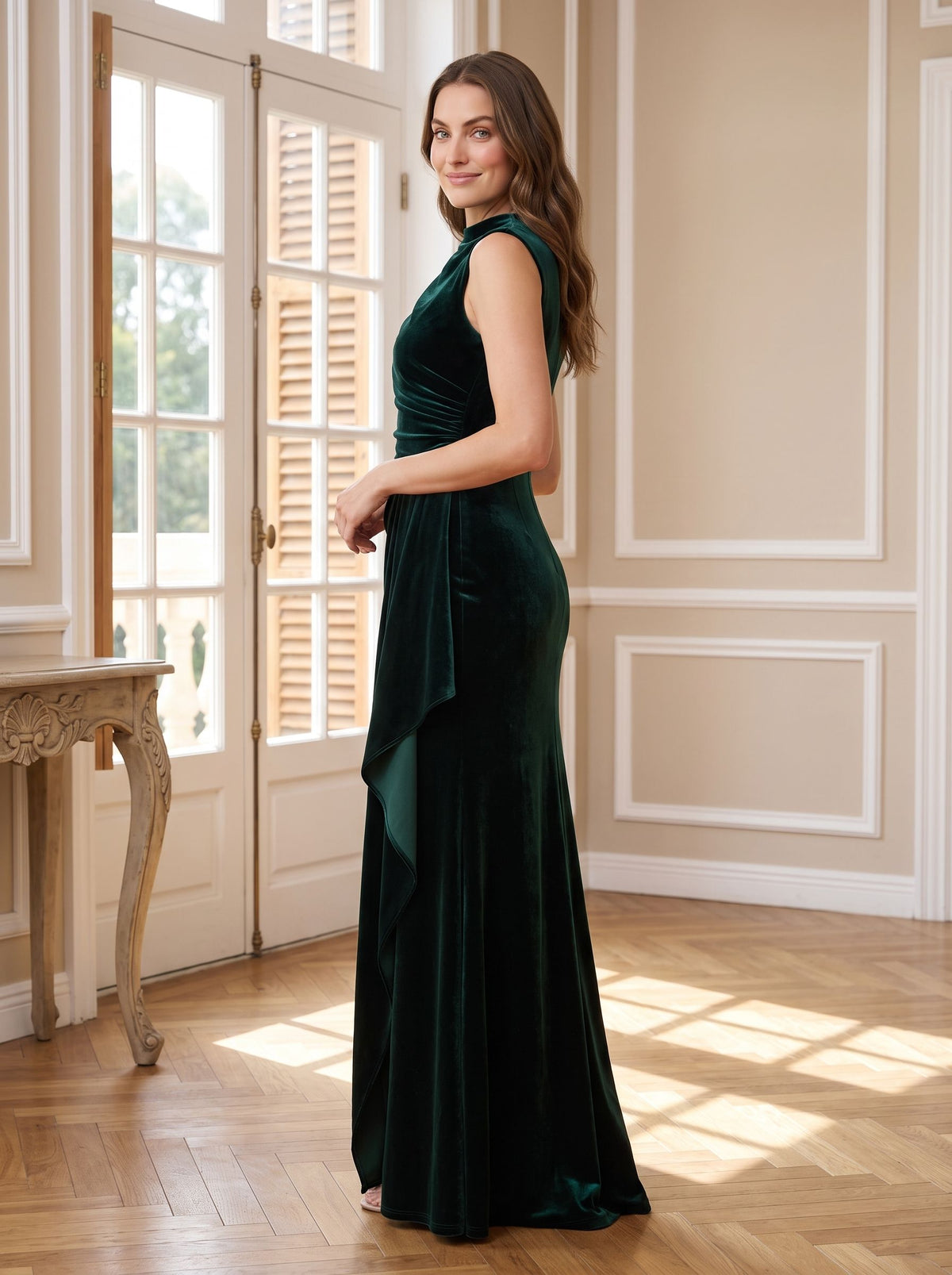 Forest Green Velvet Column Scoop Neck Back Zip Floor-Length Dress