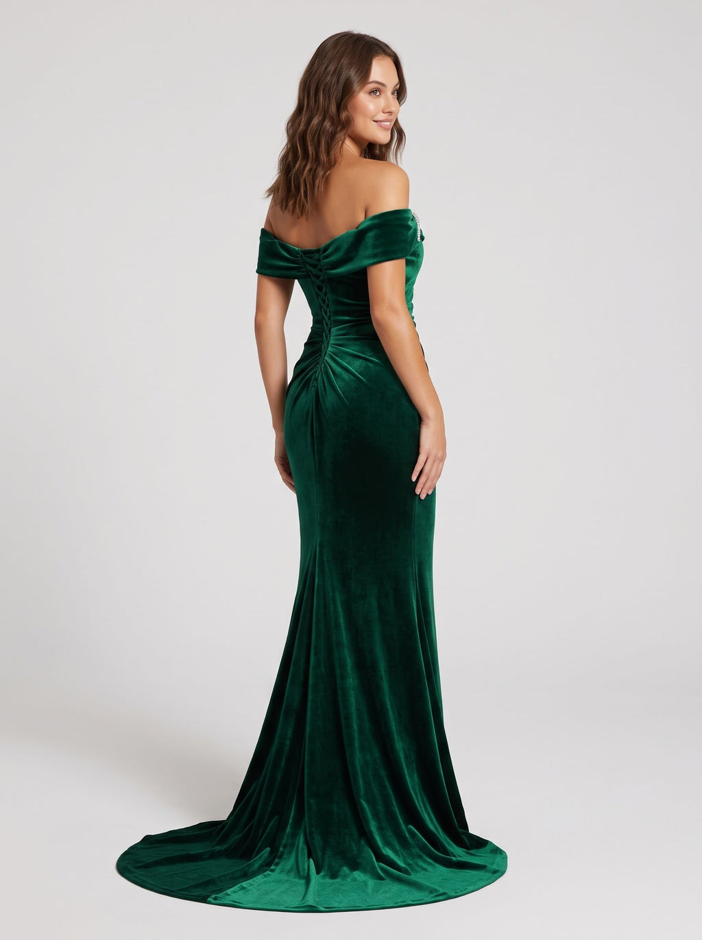 Forest Green Velvet Mermaid Off-the-Shoulder Lace-up Floor-Length Dress
