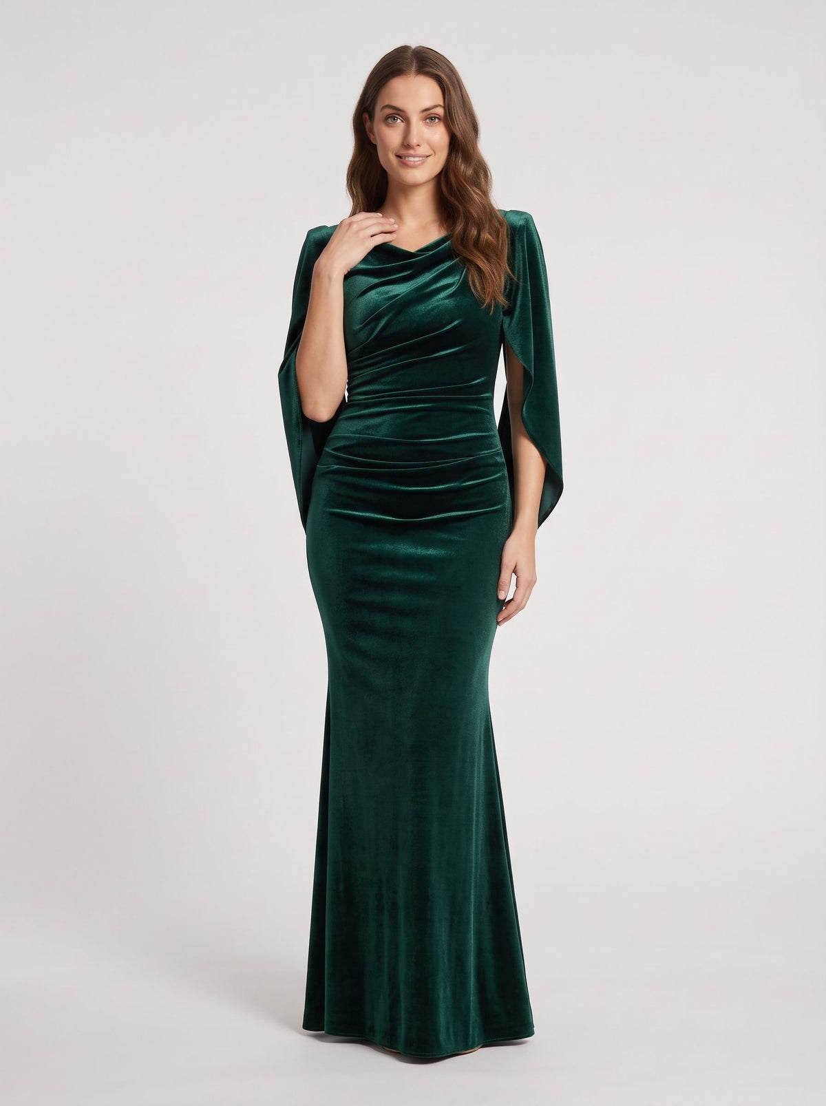 Forest Green Velvet Sheath Cowl Neck Back Zip Floor-Length Dress
