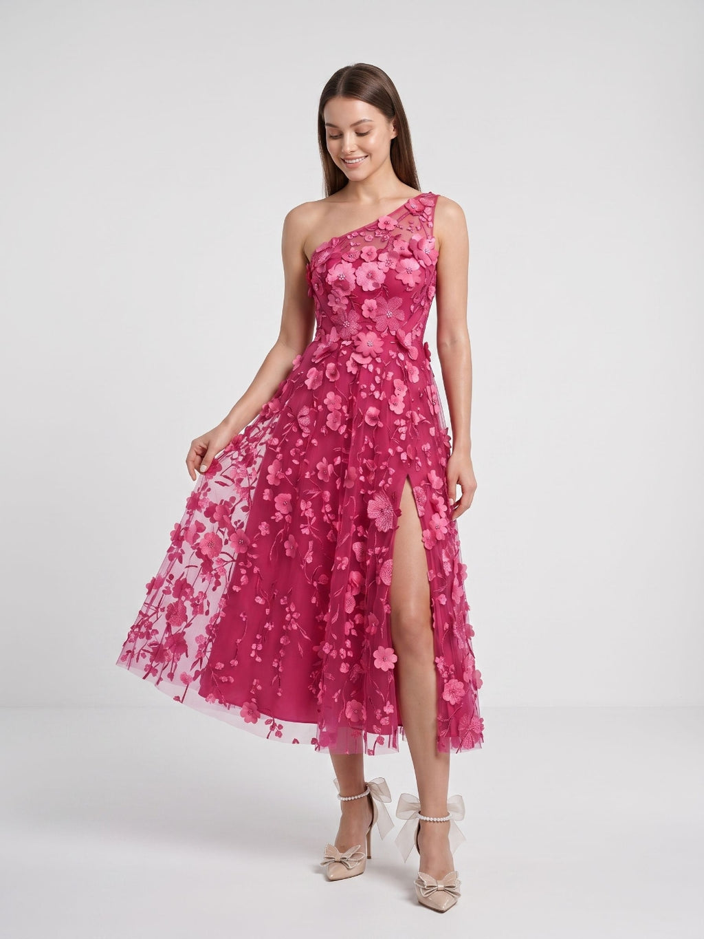 Sky Blue with Pastel Flowers Mesh Tulle A-Line One Shoulder Midi Dress
