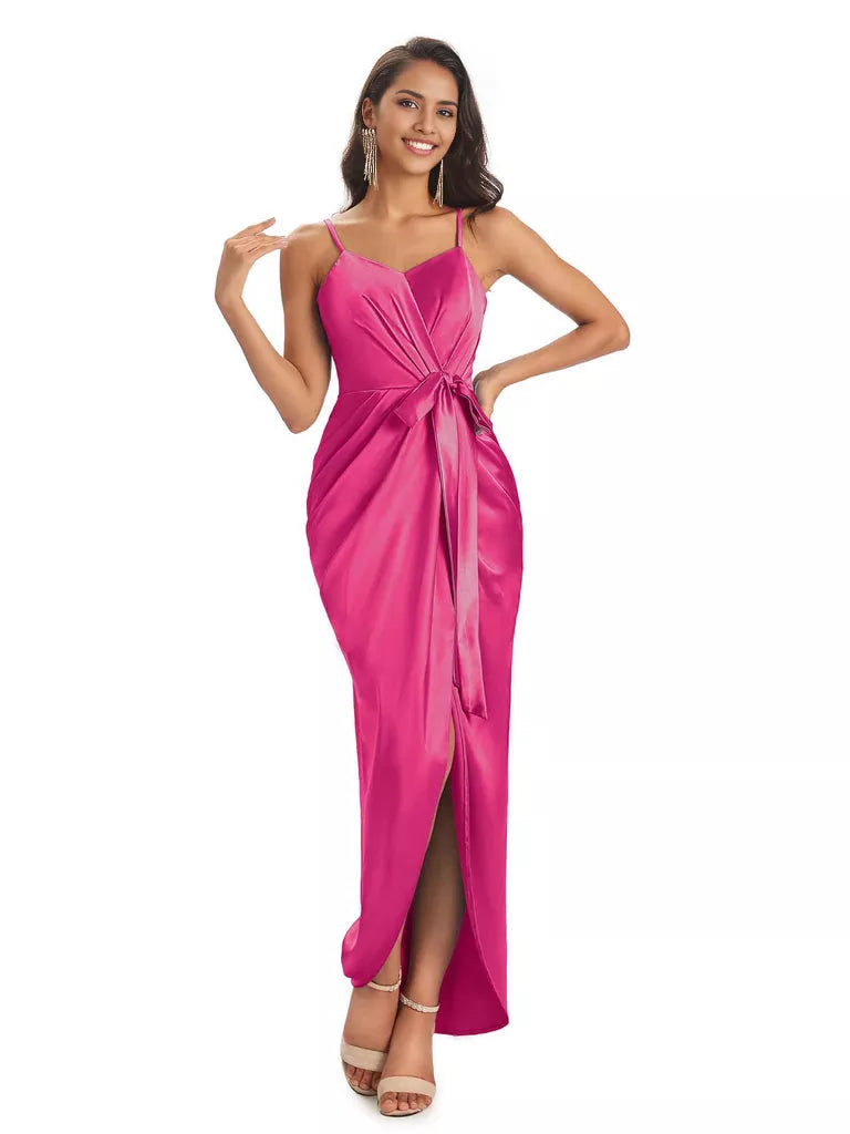 High Low Spaghetti Straps V-neck Mermaid Asymmetrical Soft Satin Bridesmaid Dresses