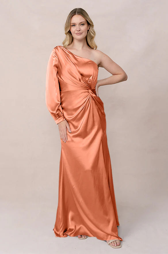 Glam One-Shoulder Long Sleeve Twist-Front High Slit Mermaid Floor-Length Bridesmaid Dress