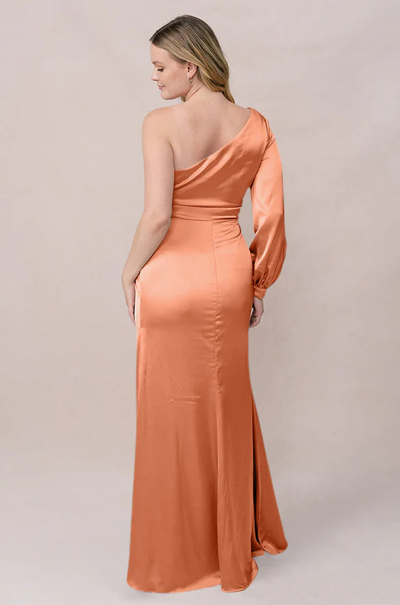 Glam One-Shoulder Long Sleeve Twist-Front High Slit Mermaid Floor-Length Bridesmaid Dress