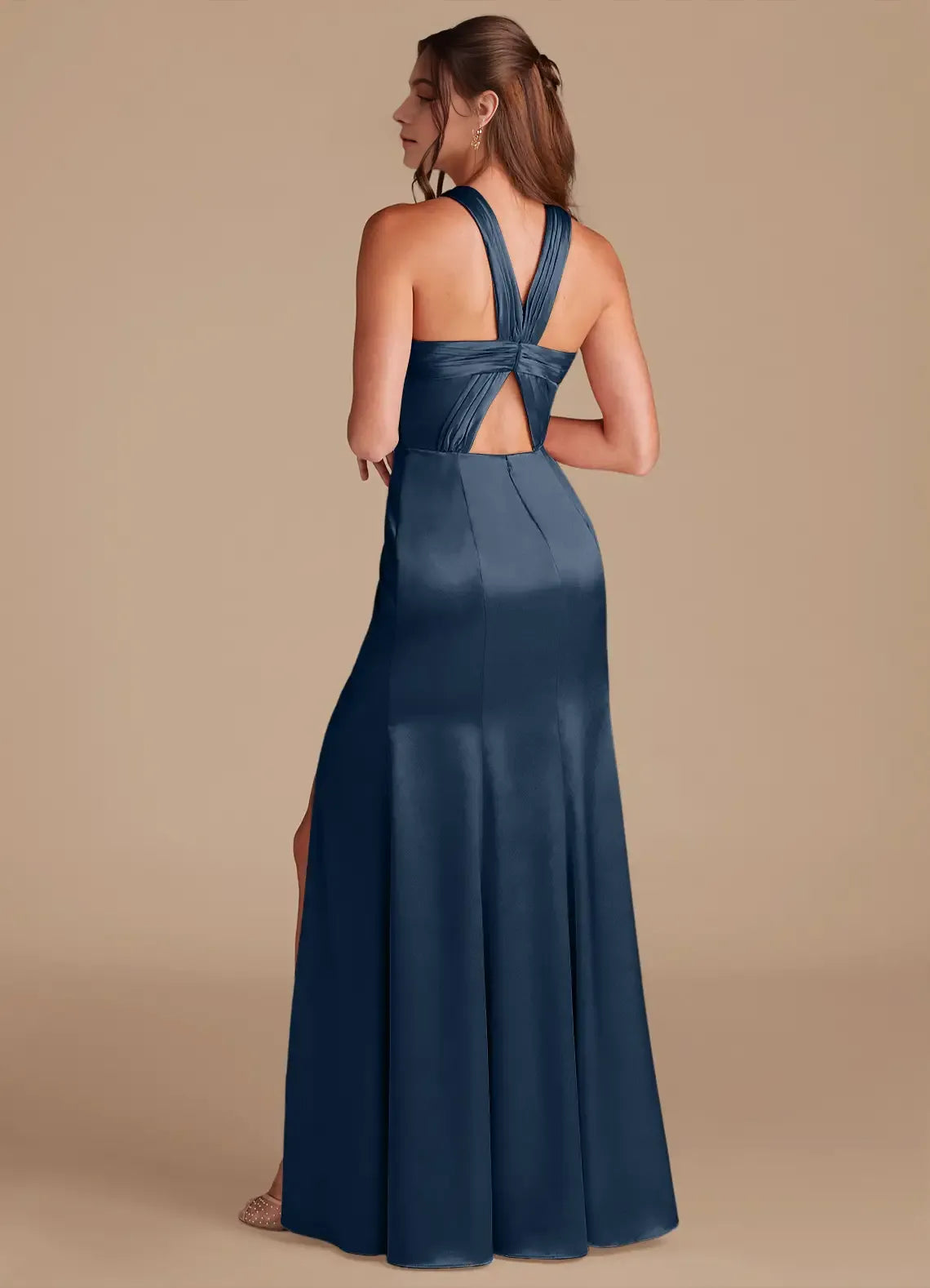 Glamorous Mermaid Halter Neck Sleeveless Twist Back Floor Length Bridesmaid Dress