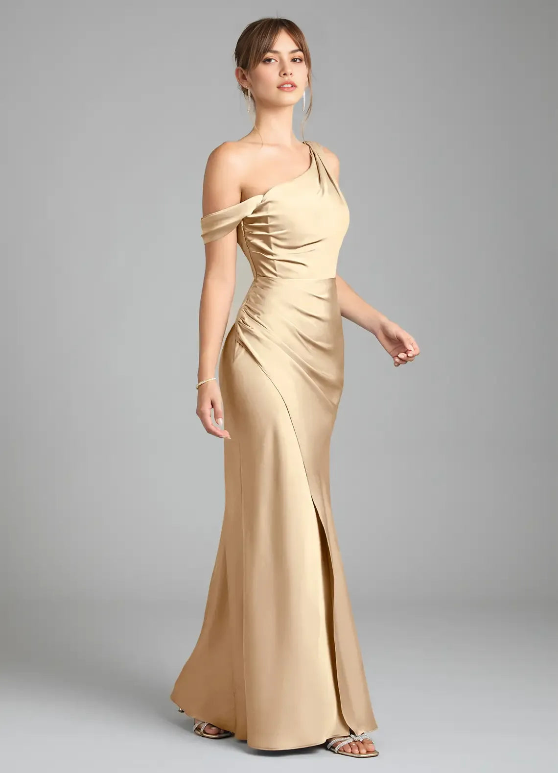 Glamorous Mermaid Satin One Shoulder Flutter Sleeve Open Back Floor Length Bridesmaid Dress
