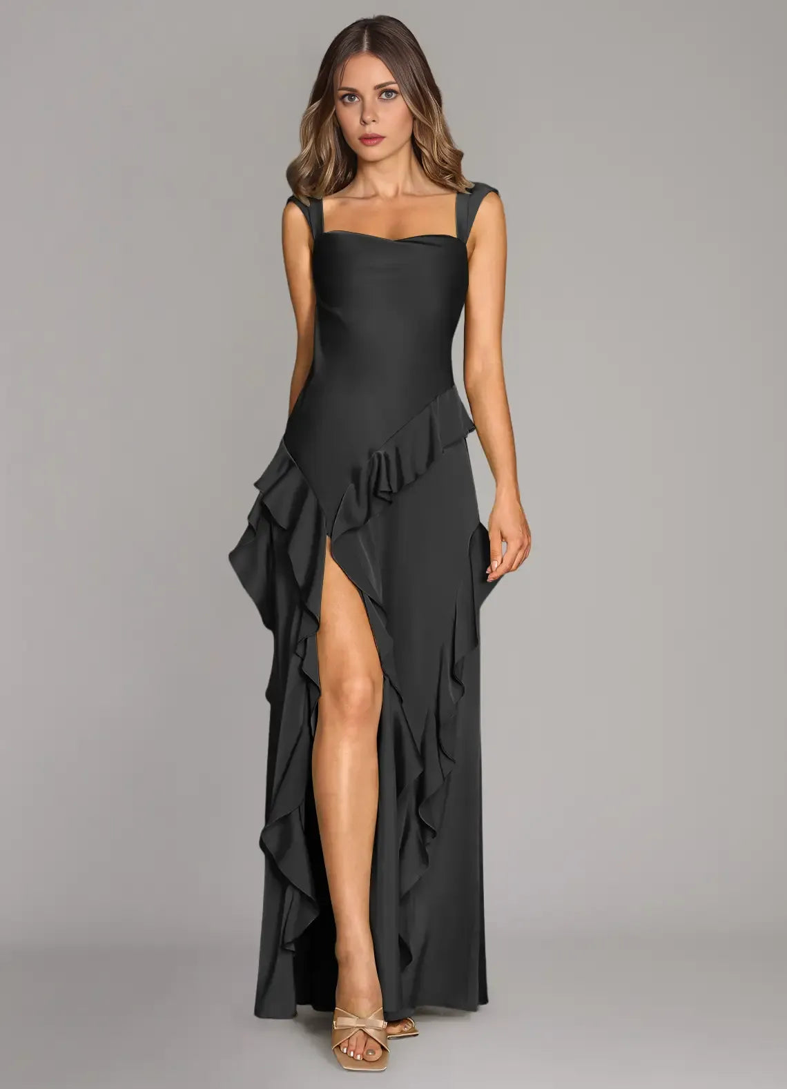 Glamorous Mermaid Satin Square Neck Sleeveless Strap Back Floor Length Bridesmaid Dress