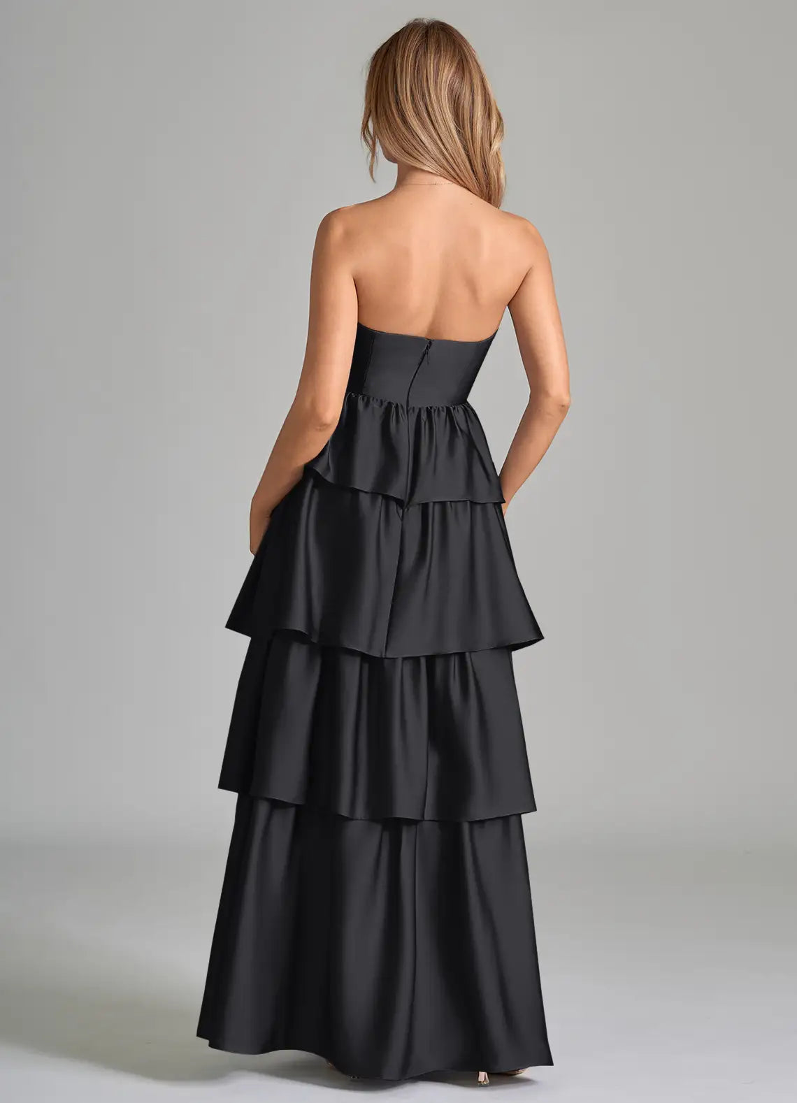 Glamorous Tiered Satin Strapless Sleeveless Open Back Floor Length Bridesmaid Dress