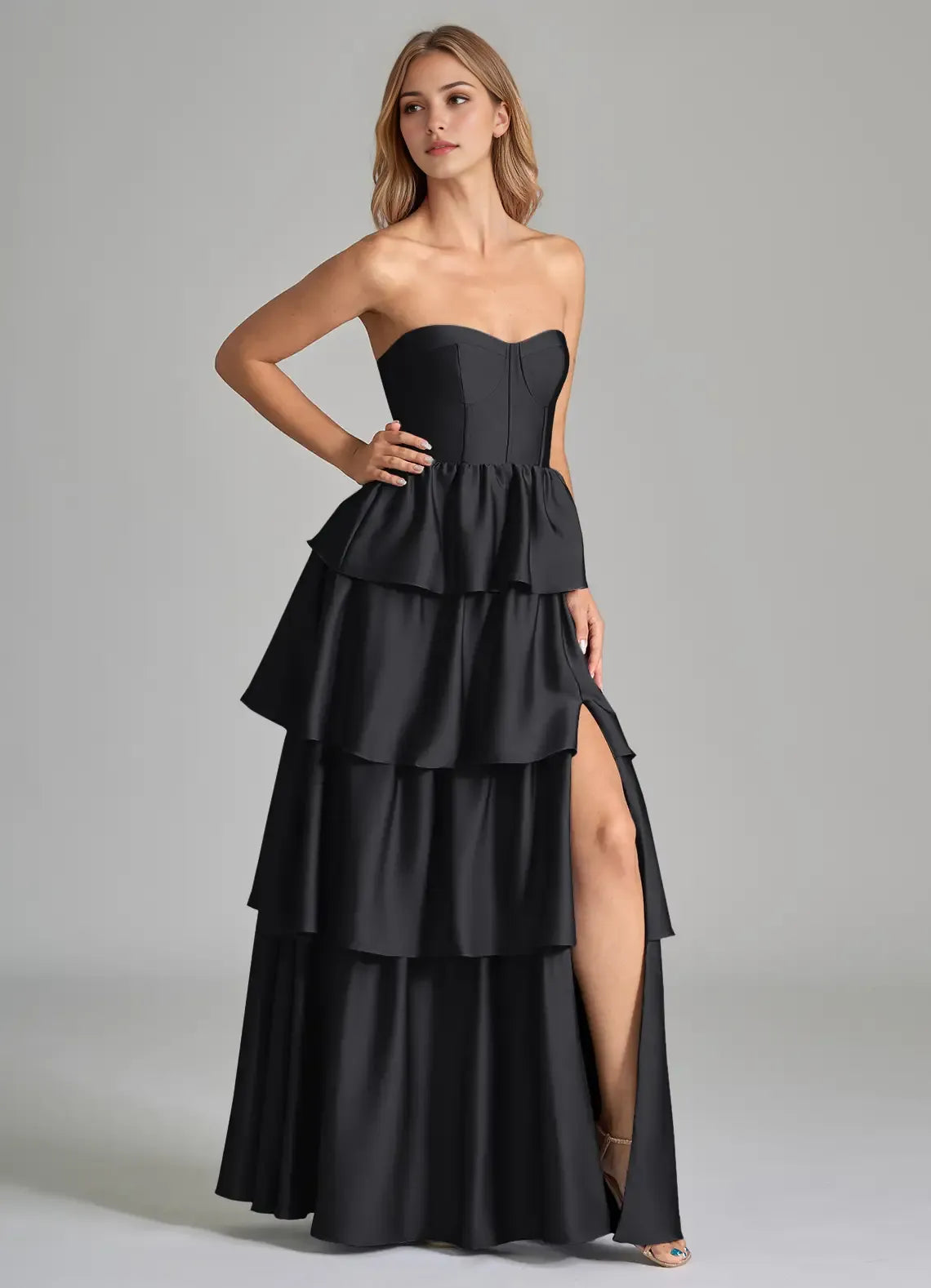 Glamorous Tiered Satin Strapless Sleeveless Open Back Floor Length Bridesmaid Dress