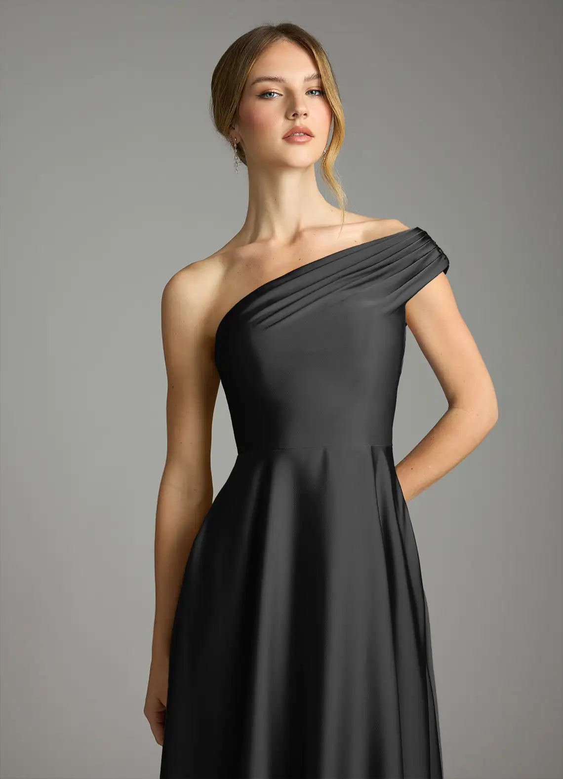 Glamorous satin a line one shoulder sleeveless open back floor length bridesmaid dress with high slit and pockets