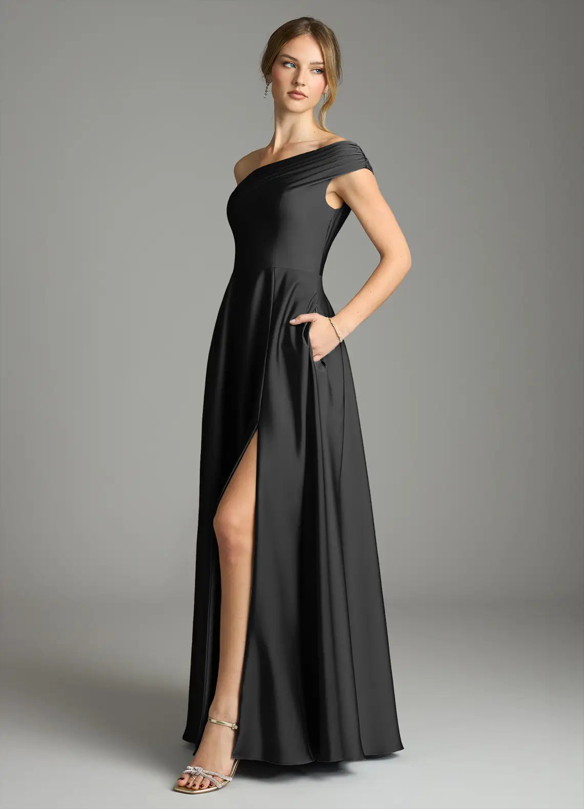 Glamorous satin a line one shoulder sleeveless open back floor length bridesmaid dress with high slit and pockets