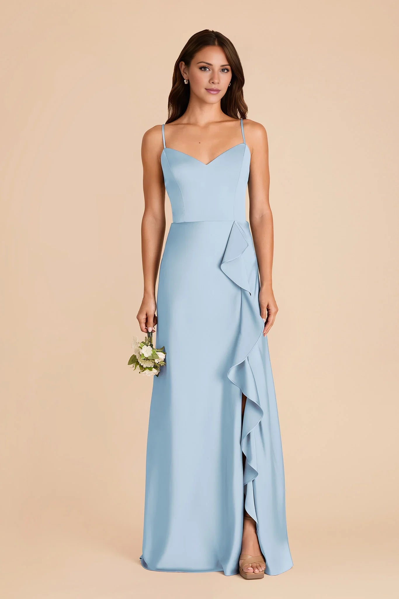 Glamorous A-Line Sky Blue Sleeveless Satin Ruffled Floor-Length Bridesmaid Dress
