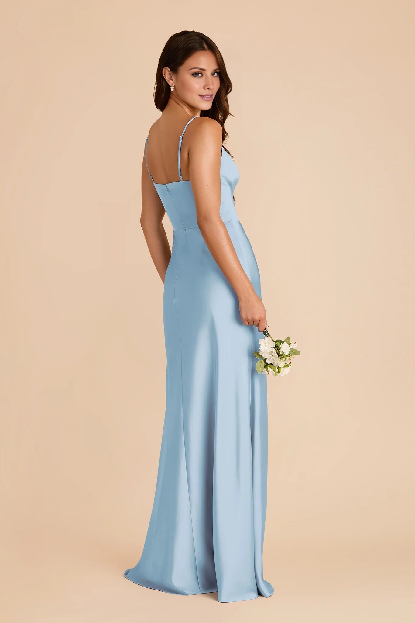 Glamorous A-Line Sky Blue Sleeveless Satin Ruffled Floor-Length Bridesmaid Dress