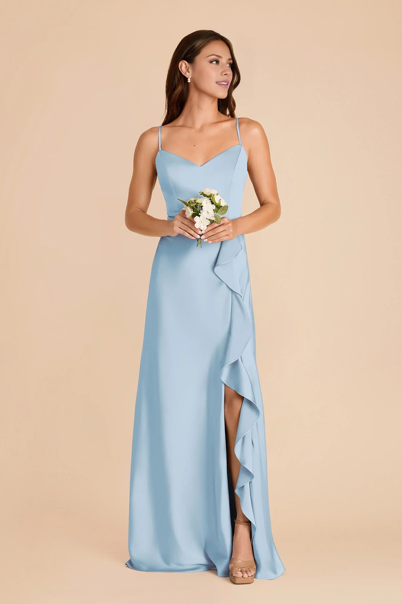 Glamorous A-Line Sky Blue Sleeveless Satin Ruffled Floor-Length Bridesmaid Dress
