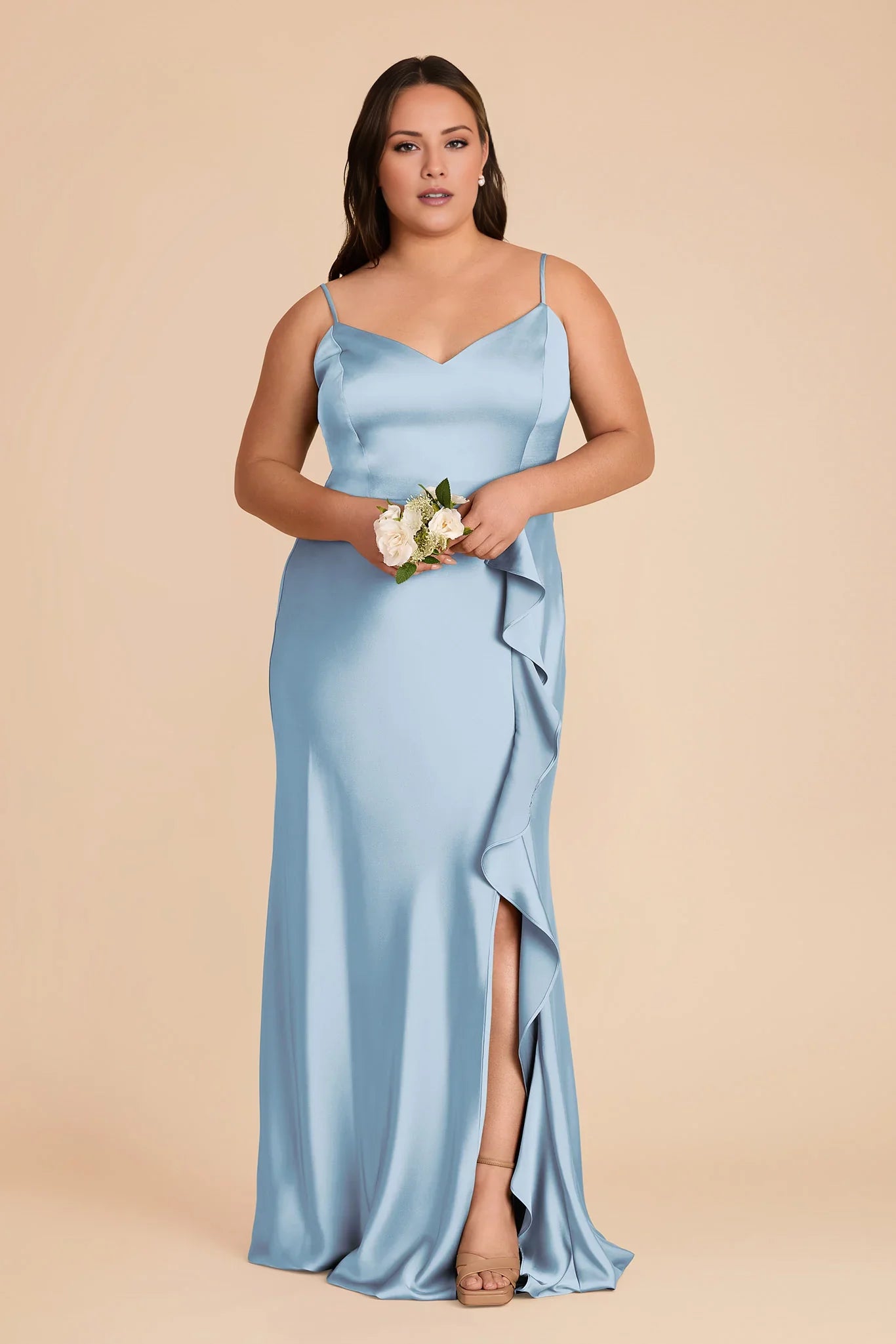 Glamorous A-Line Sky Blue Sleeveless Satin Ruffled Floor-Length Bridesmaid Dress
