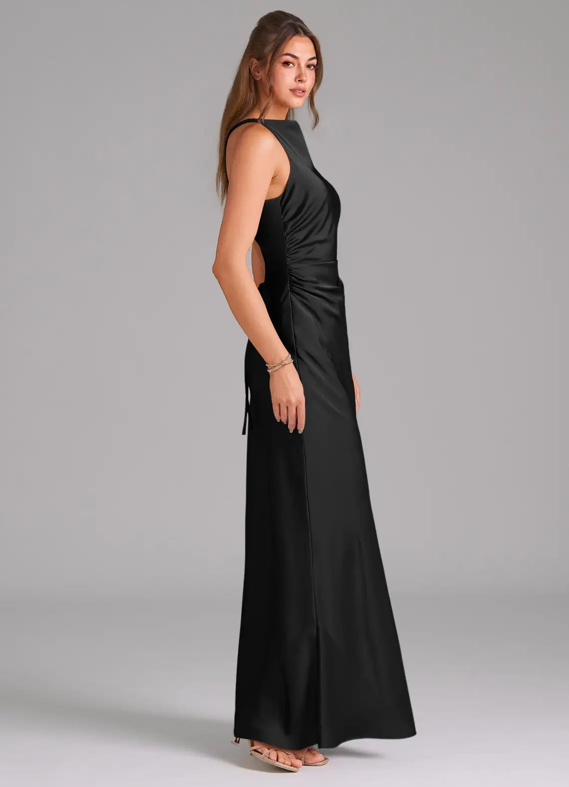 Glamorous Bridesmaid Dress with High Neckline, Crisscross Back and Ruched Side