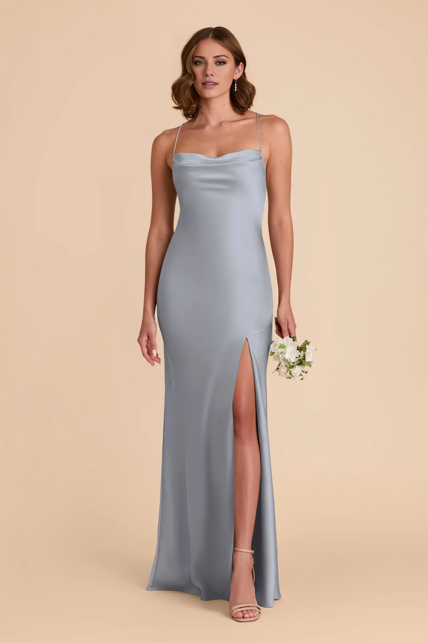 Glamorous Dusty Blue Satin Cowl Neck Spaghetti-Strap Maxi Bridesmaid Dress with Crisscross Back & High Side Slit