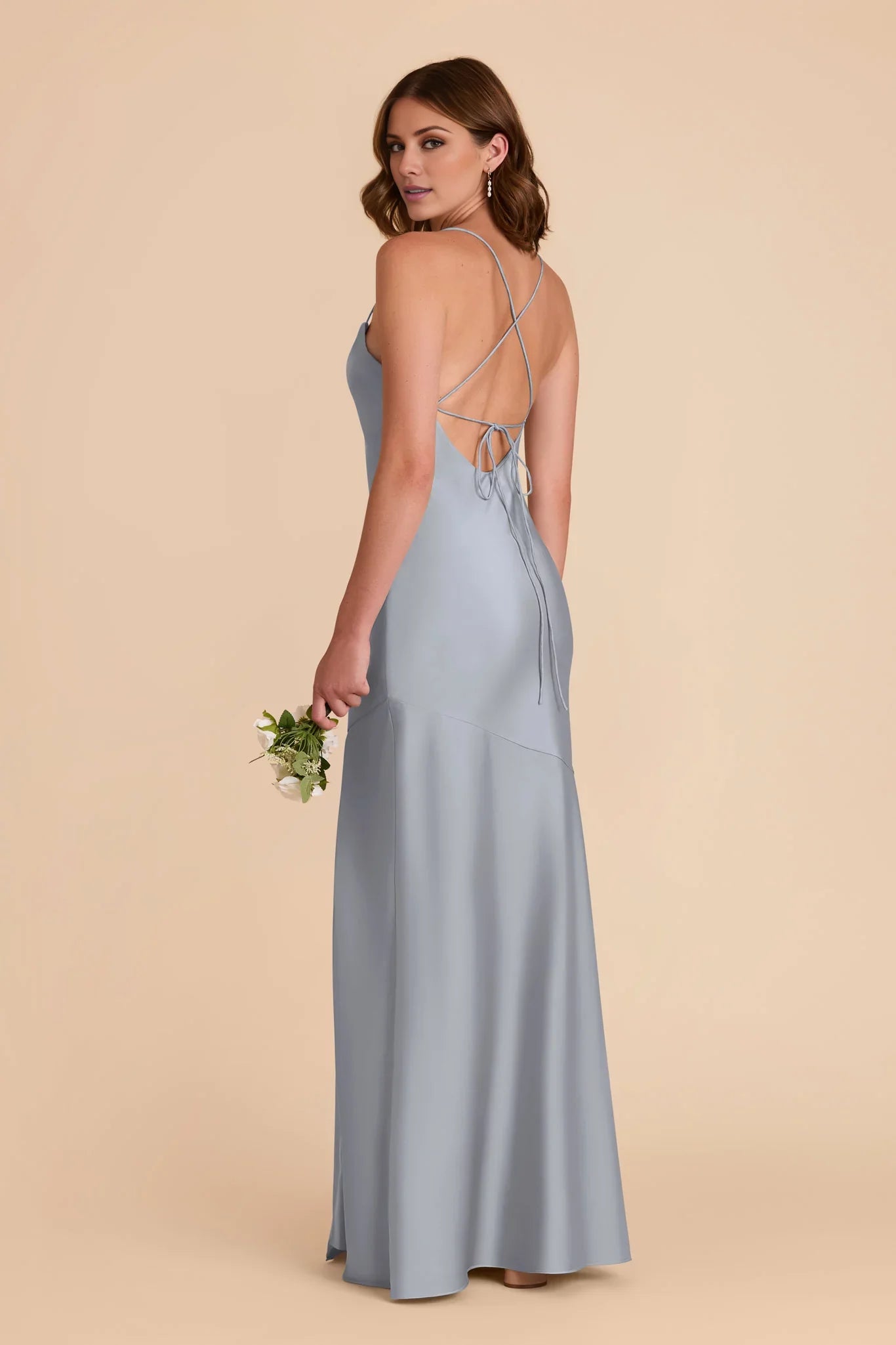 Glamorous Dusty Blue Satin Cowl Neck Spaghetti-Strap Maxi Bridesmaid Dress with Crisscross Back & High Side Slit