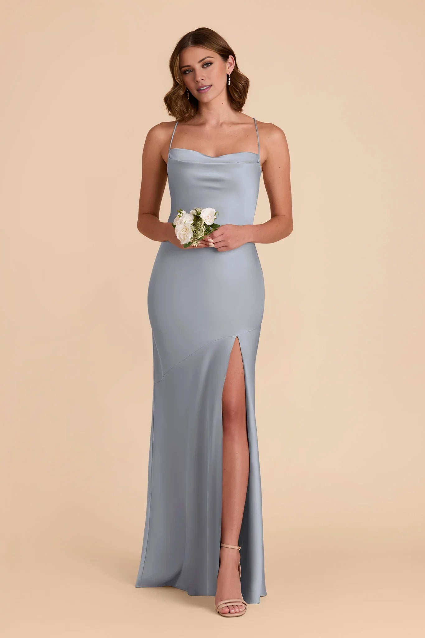 Glamorous Dusty Blue Satin Cowl Neck Spaghetti-Strap Maxi Bridesmaid Dress with Crisscross Back & High Side Slit