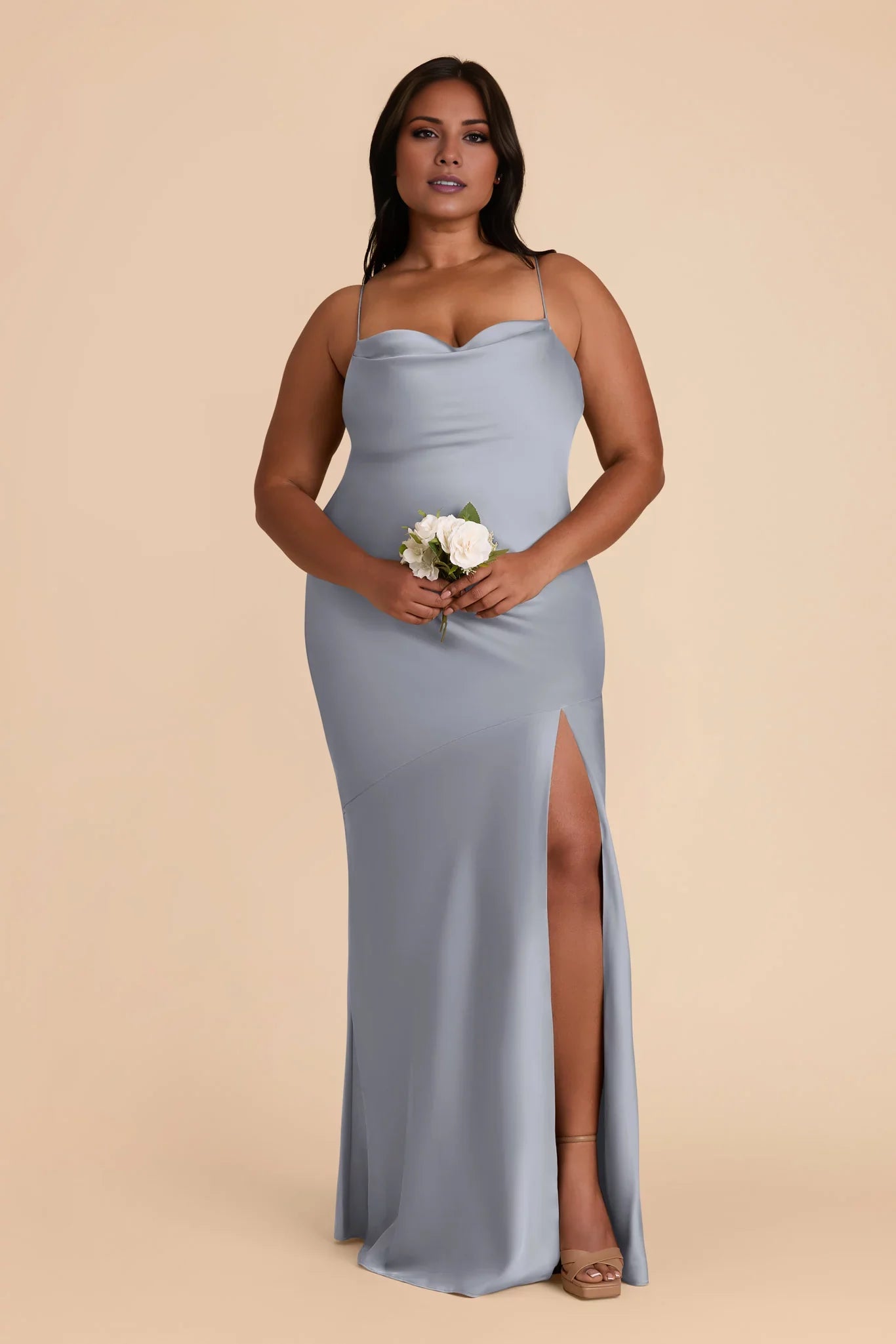 Glamorous Dusty Blue Satin Cowl Neck Spaghetti-Strap Maxi Bridesmaid Dress with Crisscross Back & High Side Slit