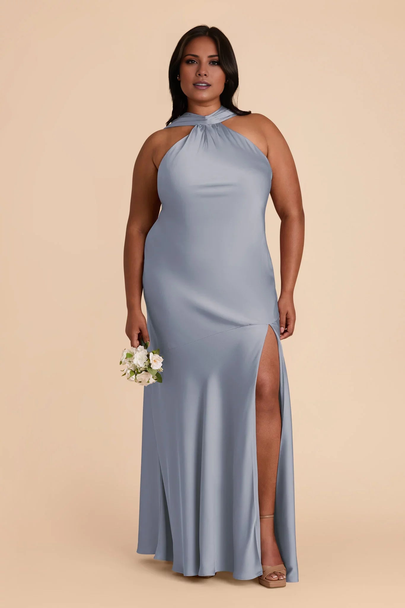 Glamorous Dusty Blue Satin Halter-Neck Maxi Bridesmaid Dress with Draped Sash & High Side Slit