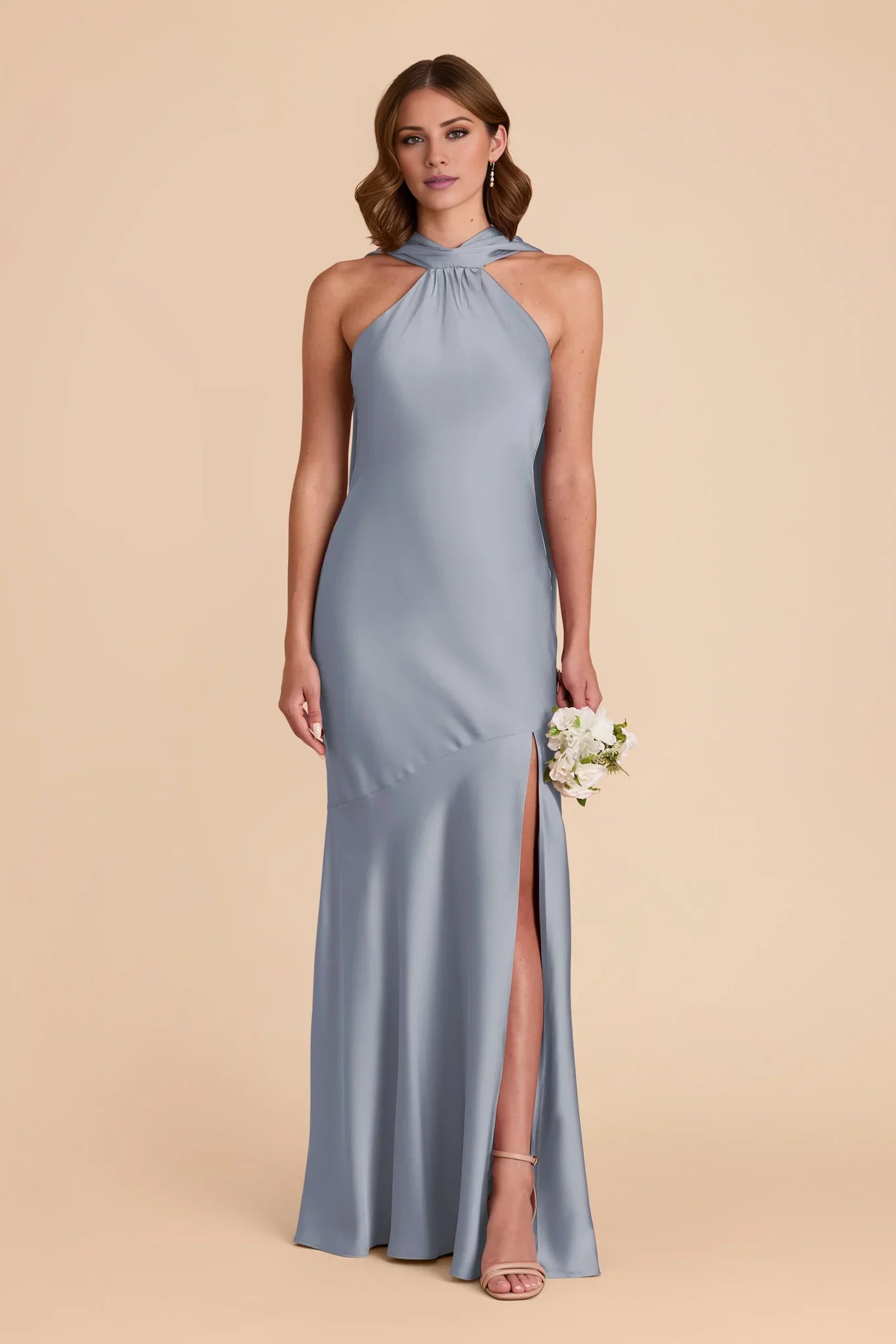 Glamorous Dusty Blue Satin Halter-Neck Maxi Bridesmaid Dress with Draped Sash & High Side Slit