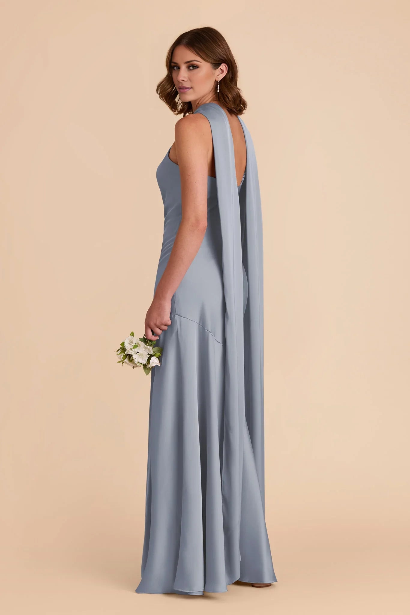 Glamorous Dusty Blue Satin Halter-Neck Maxi Bridesmaid Dress with Draped Sash & High Side Slit