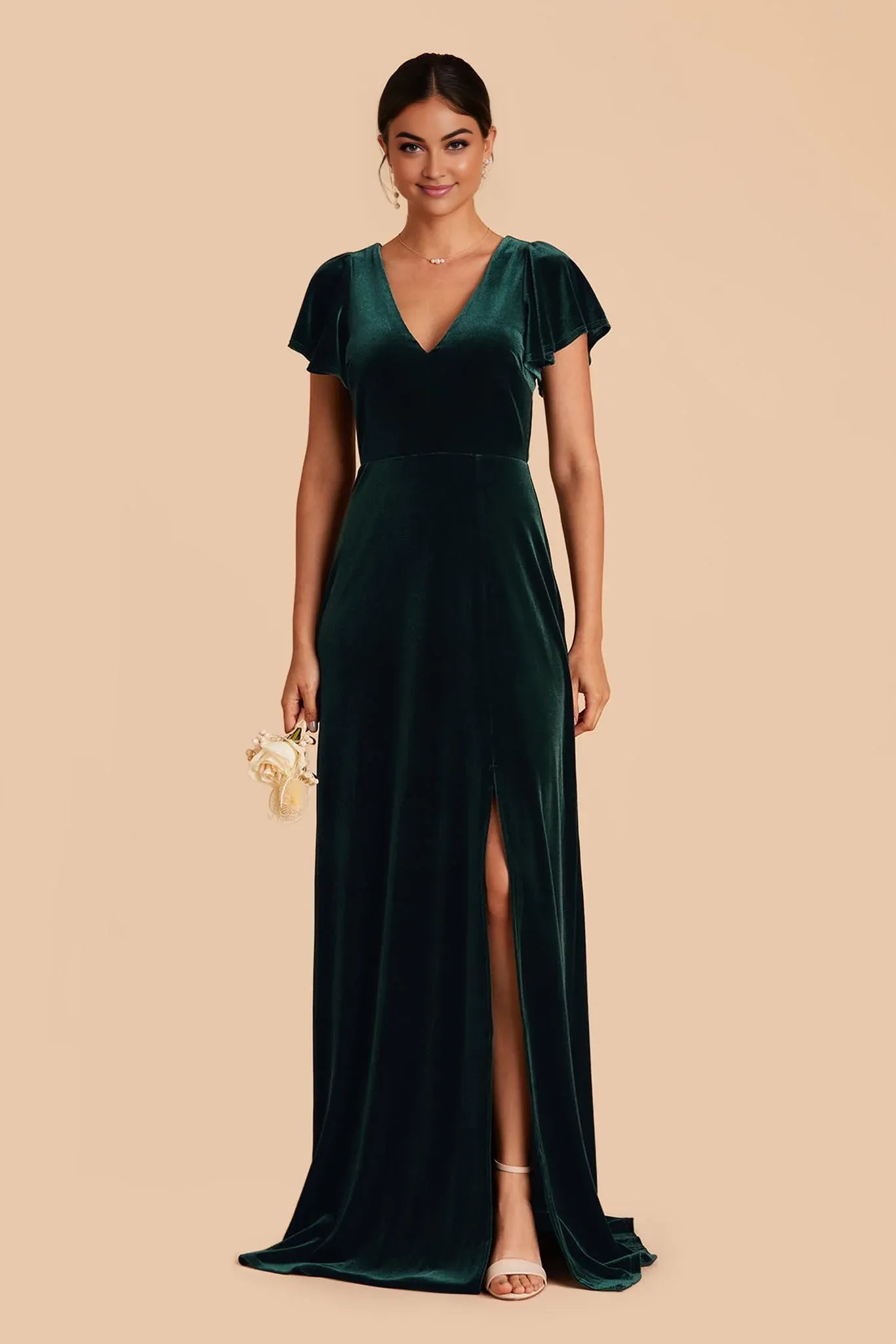 Glamorous Empire V Neck Flutter Sleeve Velvet Slit Maxi Bridesmaid Dress