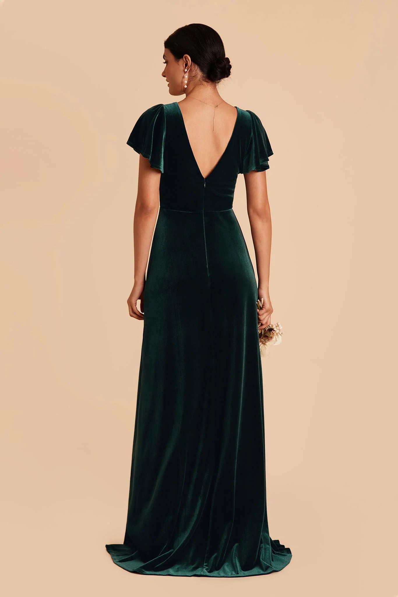Glamorous Empire V Neck Flutter Sleeve Velvet Slit Maxi Bridesmaid Dress